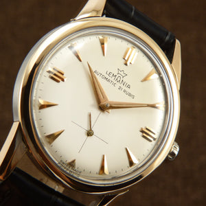 Lemania 18K Rose Gold Filled Early Automatic Swiss Watch From 50s