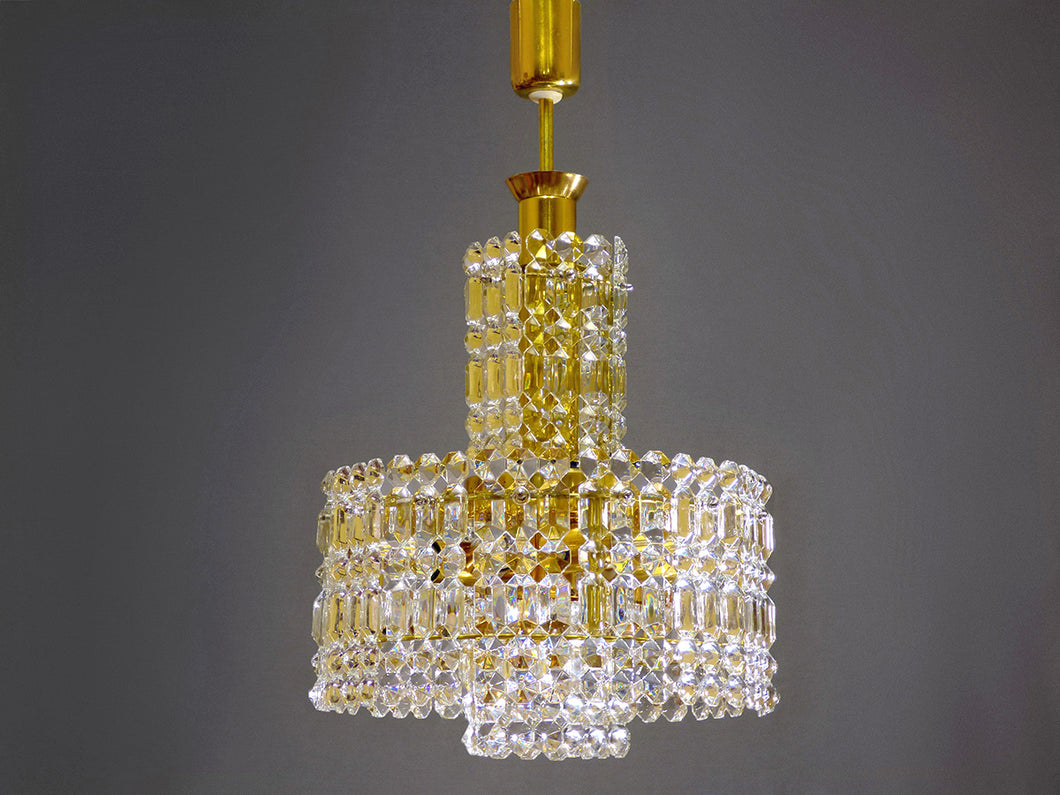 Crystal Glass Chandelier With Gold Colored Frame From 70s